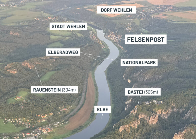 Luftbild auf Stadt Wehlen, Nationalpark und Bastei